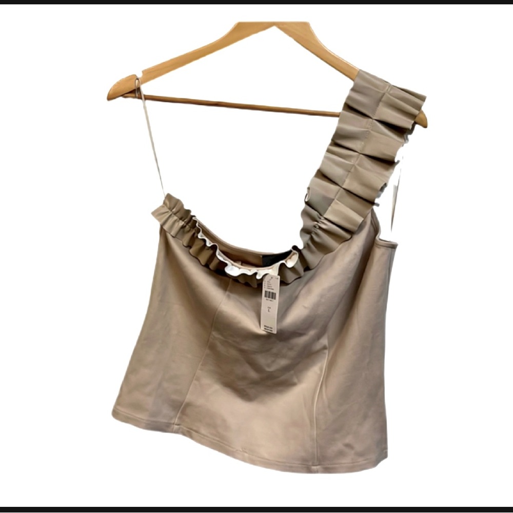 Sunday in Brooklyn One-Shoulder Ruffled Faux Leather Top. Light Sand color - Picture 3 of 6